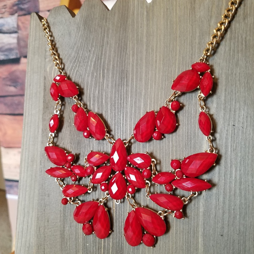 Jeweled Statement Necklace - Red and Gold